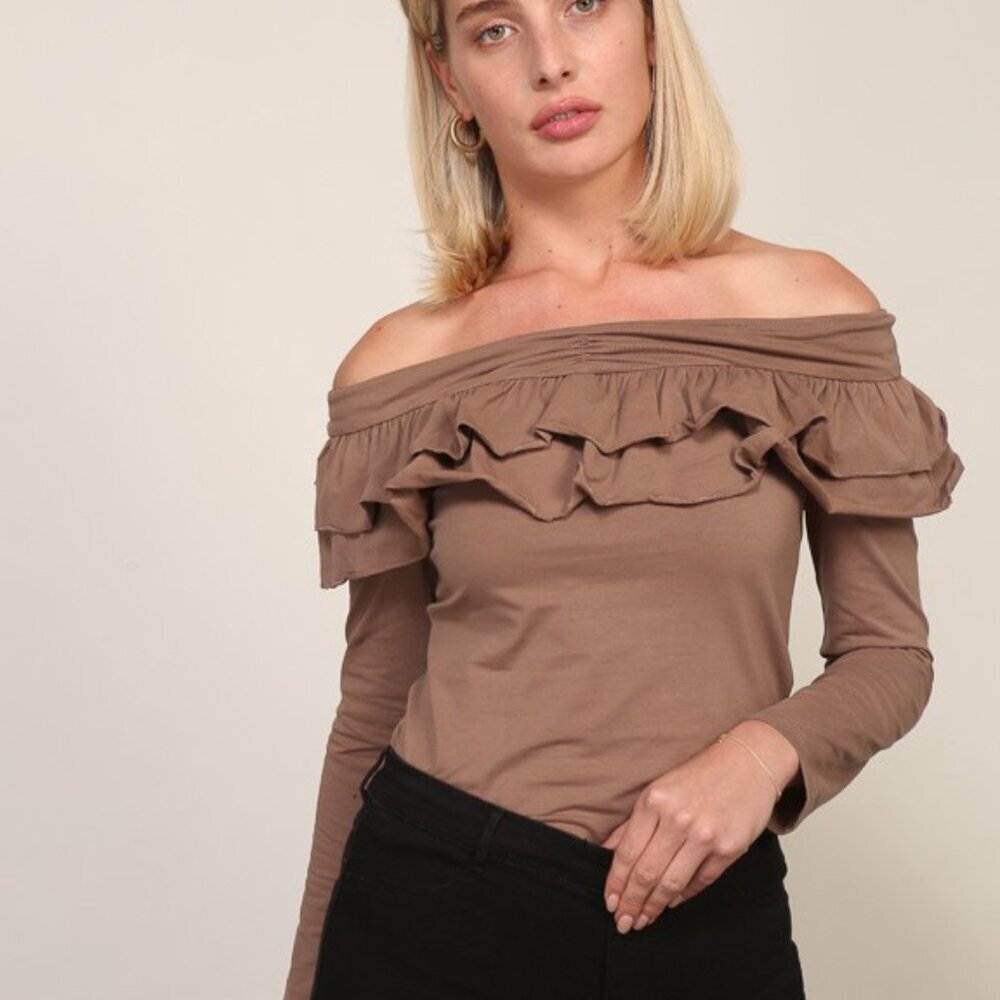 LUMIERE Taupe Off Shoulder Ruffle Long Sleeve Top, Boho Chic Romantic Blouse